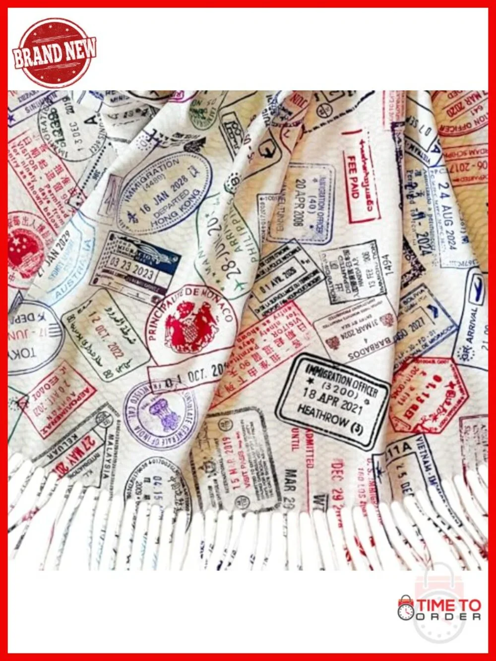 Acrylic Travel Scarf with Passport Stamp Print, Fashion Scarf 72x26 Inches